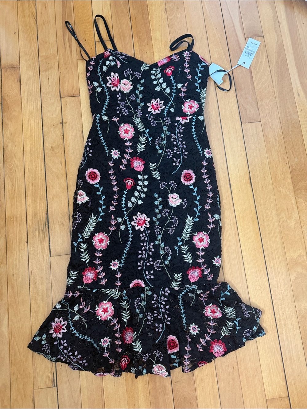 Black Floral Embroidered Slip Dress with Ruffle Hem
